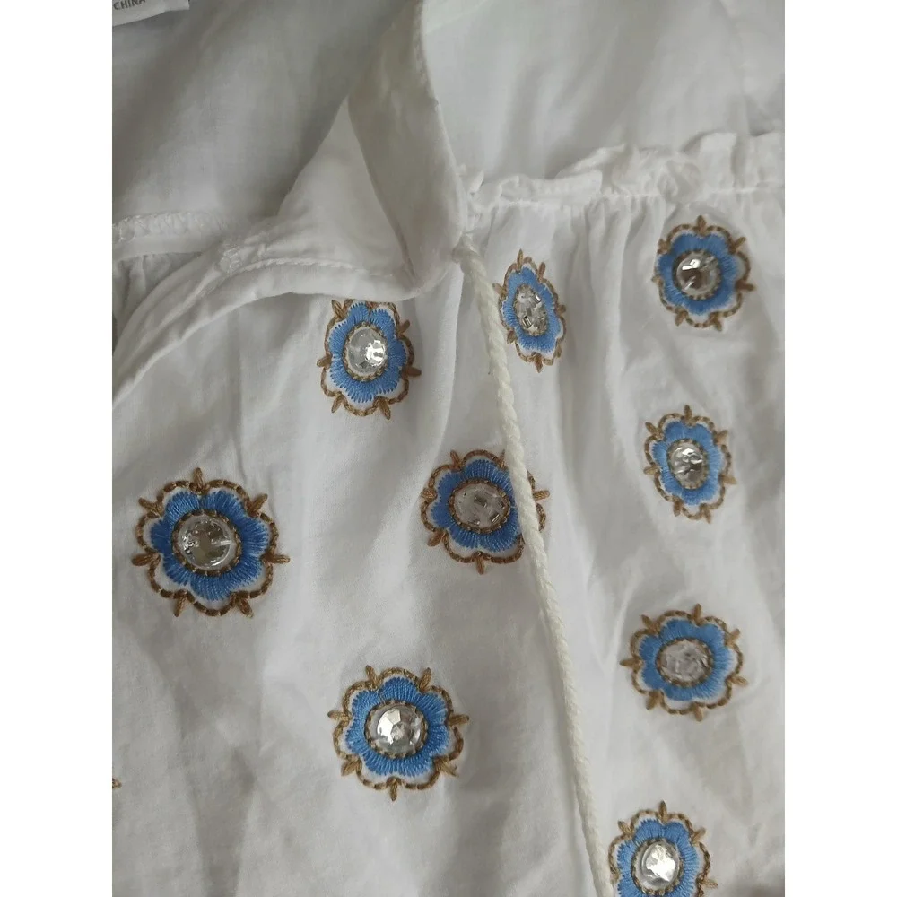 Pure Collection Top Small Embroidered Eyelet Peasant Cottage Boho Tasseled